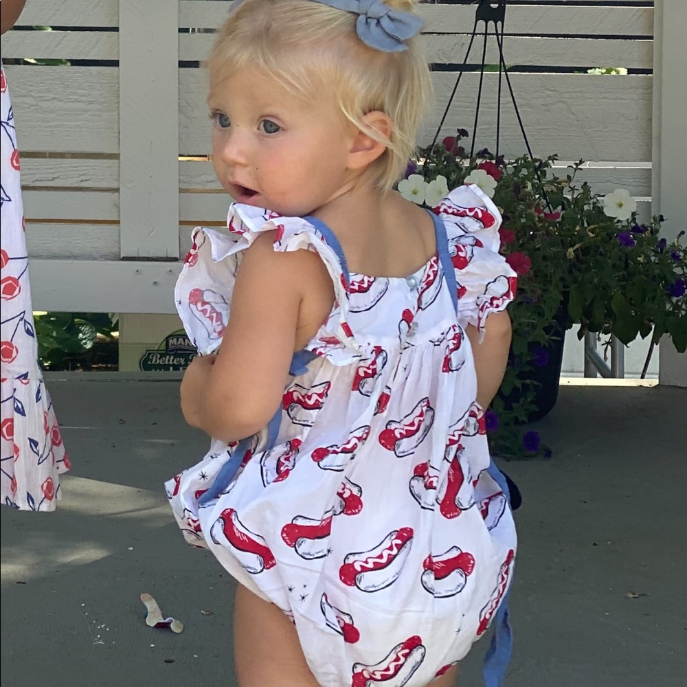 Pink Chicken 4th of July hotdog romper